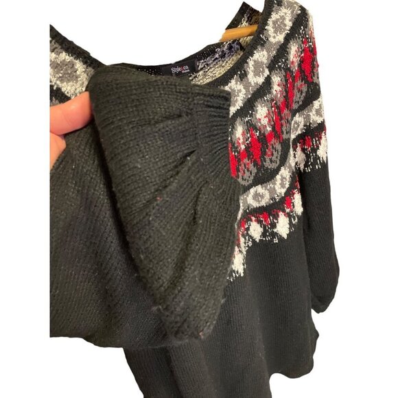 Style & Co Black Red Patterned Round Neck Bishop Sleeve Knit Sweater Sz 1X - Picture 5 of 10